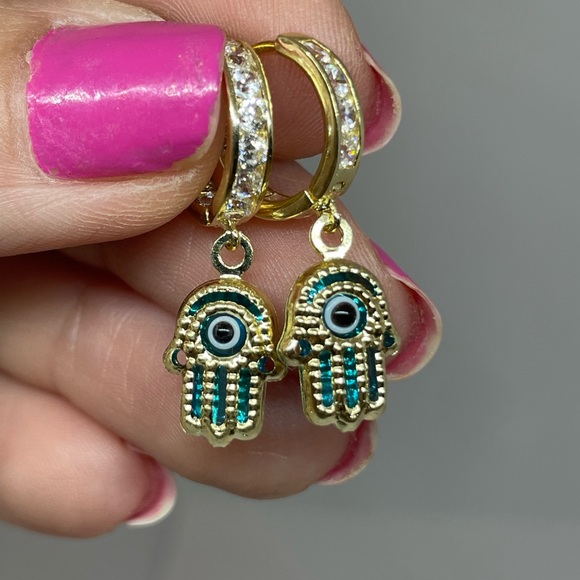 14k Yellow Gold Hamsa Dangle Huggie Earrings, - Picture 3 of 7